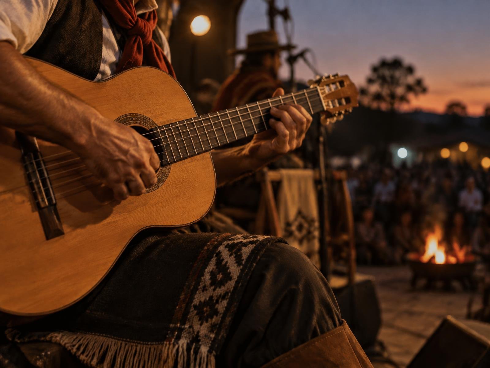 Violão de cordas de náilon tocado ao anoitecer em apresentação de música nativista